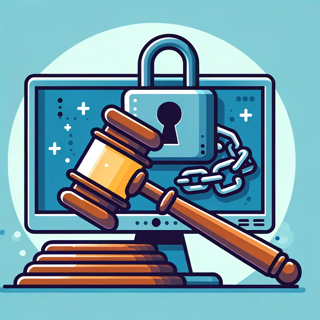 Martillo de juez sobre un estrado con una pantalla de computadora bloqueada, simbolizando regulación y derechos de autor en la era digital