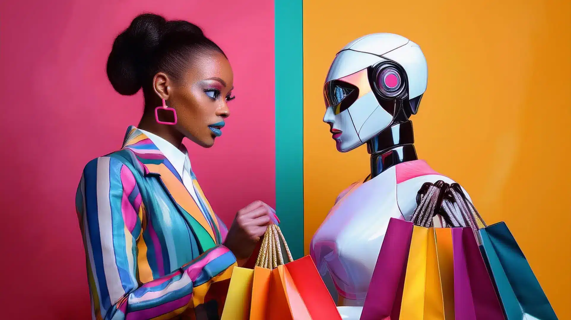Mujer y robot futurista con bolsas de compras en un fondo colorido, representando la interacci&oacute;n entre consumidores y agentes de IA