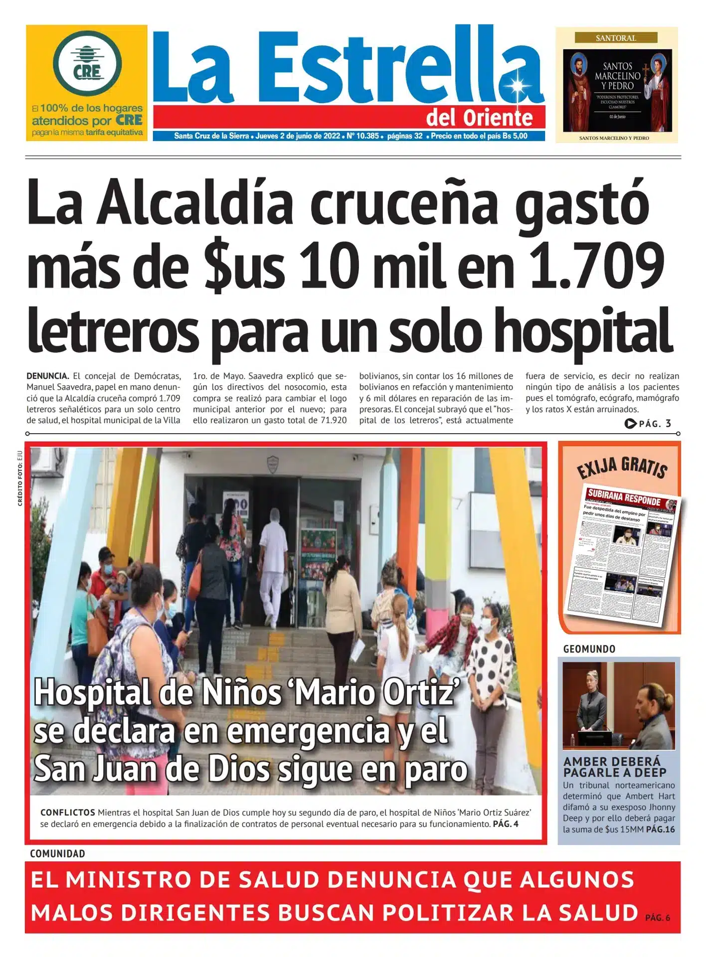 Portada de peri&oacute;dico que critica gasto p&uacute;blico excesivo en letreros hospitalarios
