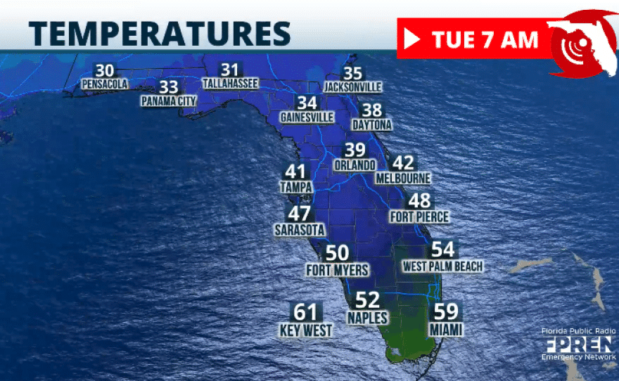 Mapa de temperaturas actuales en Florida mostrando valores desde los 30s hasta los 60s