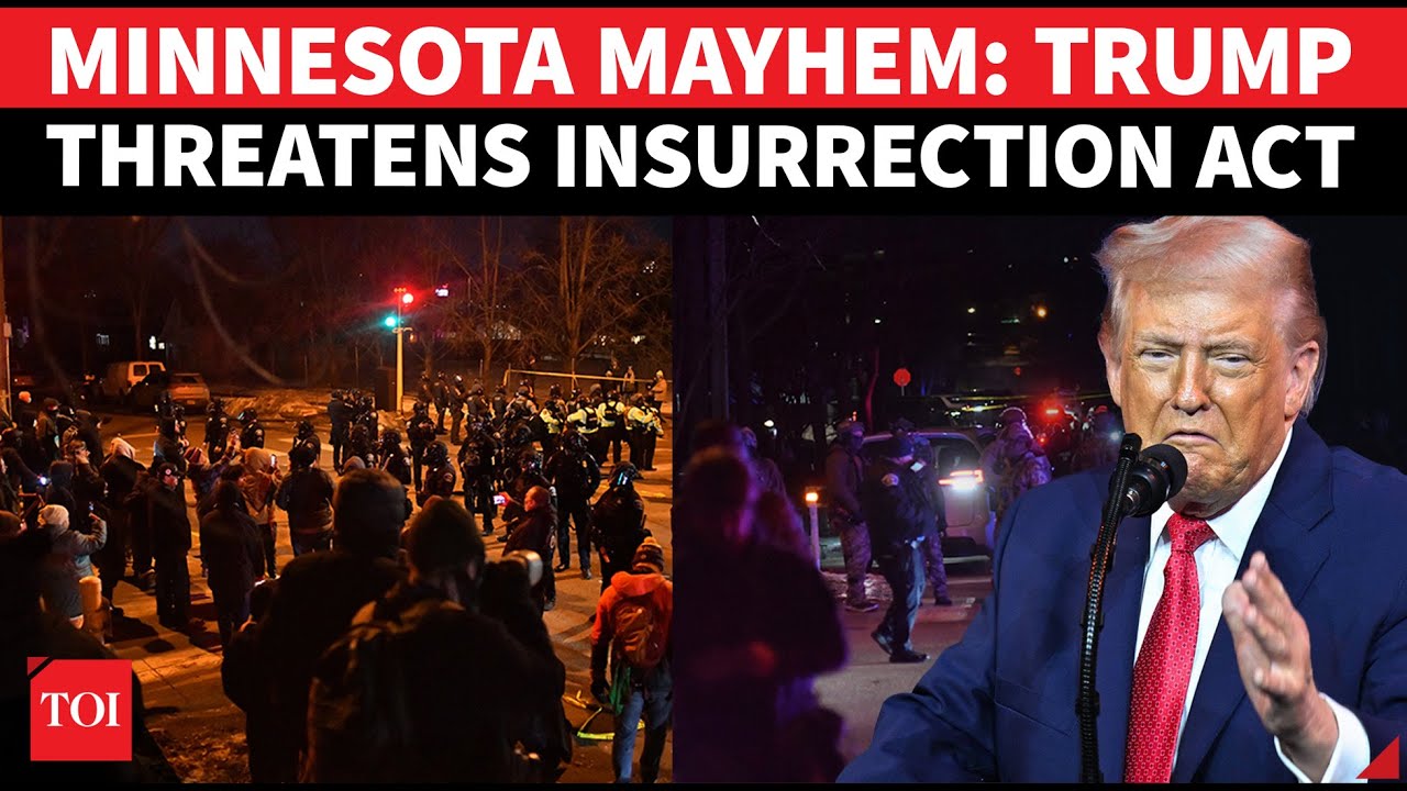 Escena de protestas en Minnesota con presencia policial y figura pol&iacute;tica hablando
