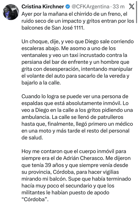 Captura del tuit de Cristina Kirchner narrando el accidente