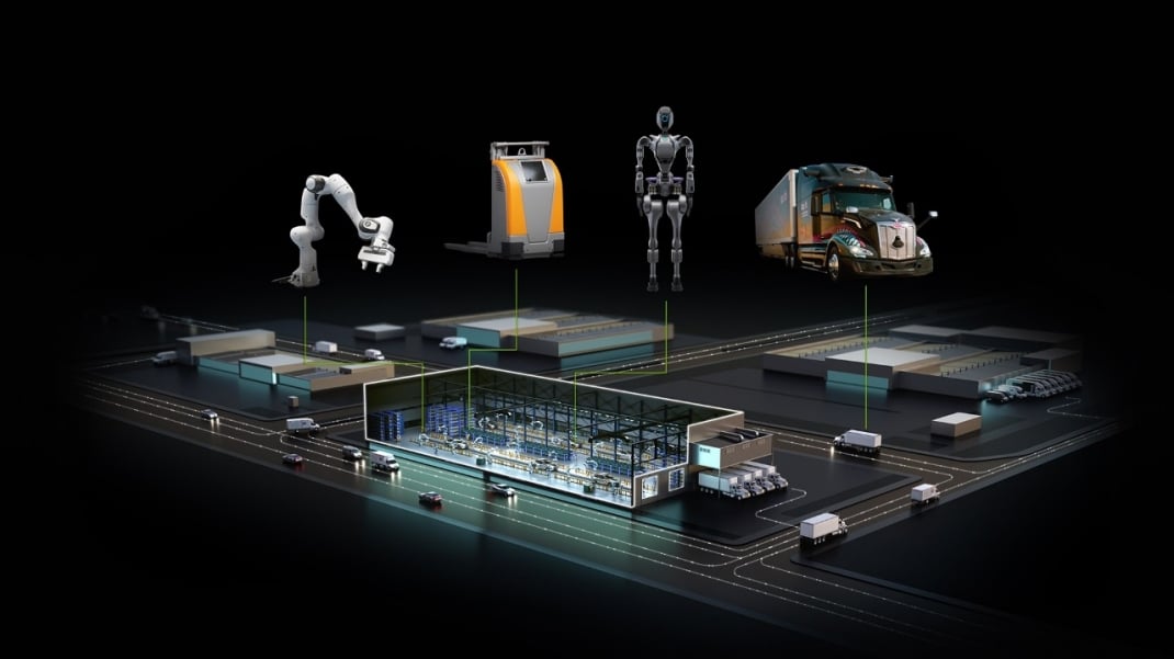 Diagrama futurista de un entorno industrial automatizado con brazos robóticos y robots humanoides, representando la visión de IA física de Nvidia