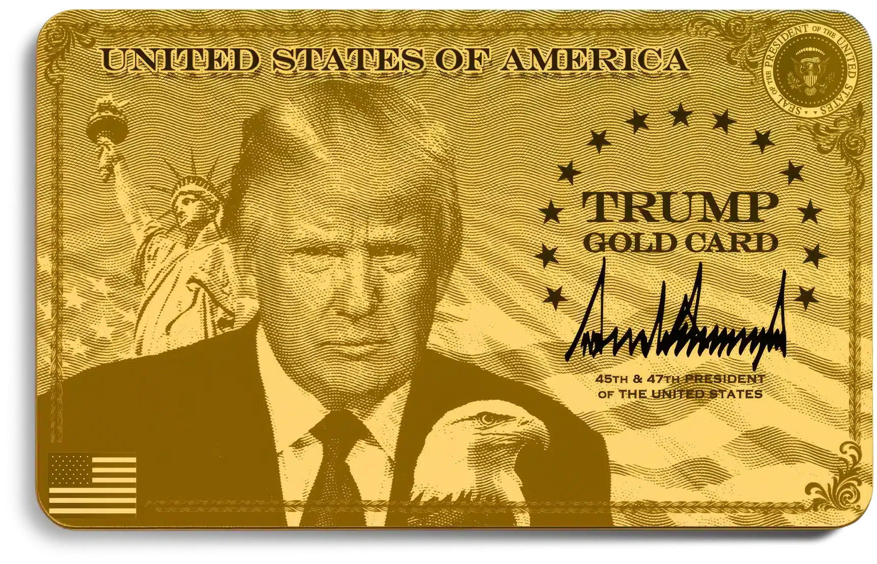 Trump Gold Card con dise&ntilde;o dorado y s&iacute;mbolos patri&oacute;ticos