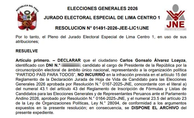 Documento oficial del Jurado Electoral Especial (JEE) de Lima Centro 1 archivando el proceso de exclusi&oacute;n contra Carlos &Aacute;lvarez para las Elecciones 2026