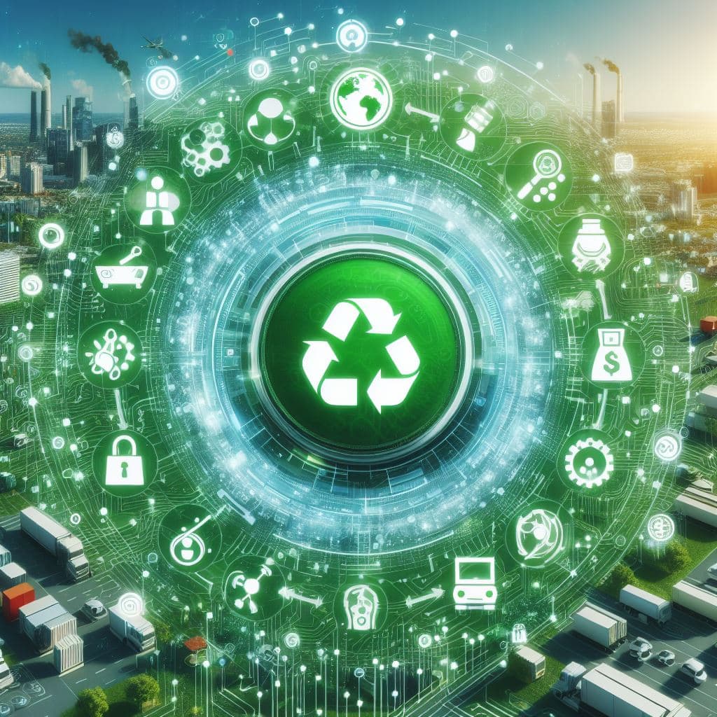 Entorno urbano futurista con símbolos de tecnología y economía circular