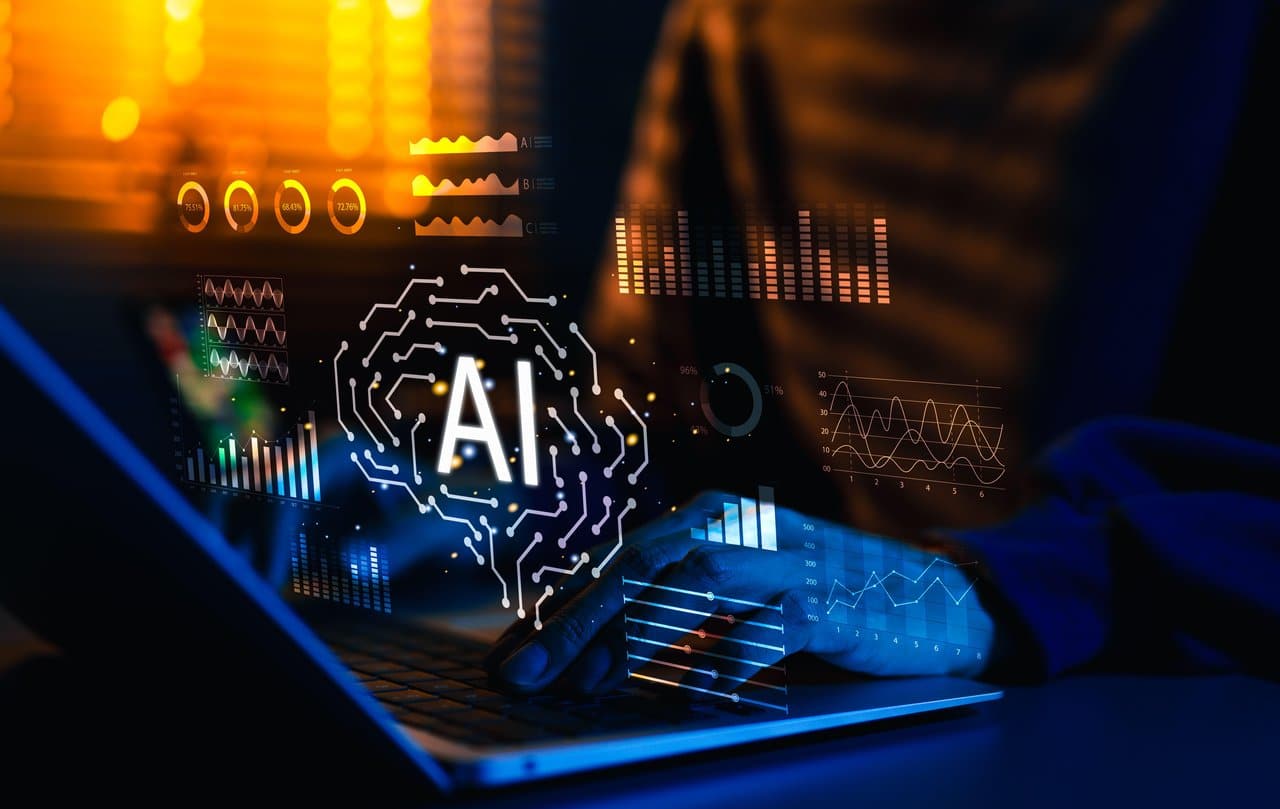 Entorno tecnol&oacute;gico moderno con gr&aacute;ficos de inteligencia artificial superpuestos