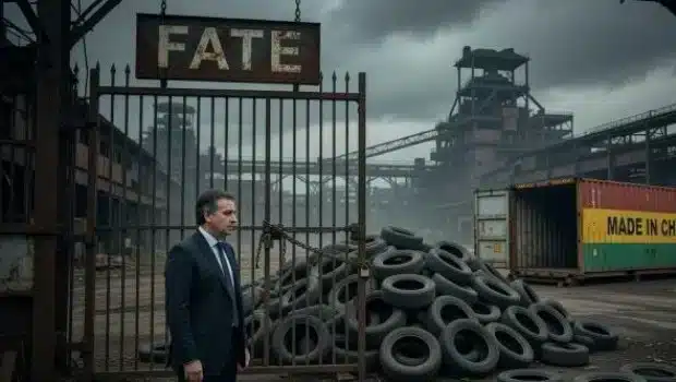 Fábrica de FATE con letrero visible y neumáticos desechados, mostrando un ambiente de cierre industrial