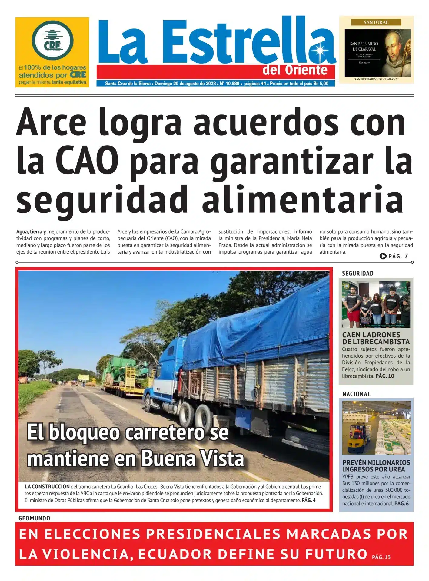 Portada de peri&oacute;dico La Estrella del Oriente con noticia sobre bloqueo carretero