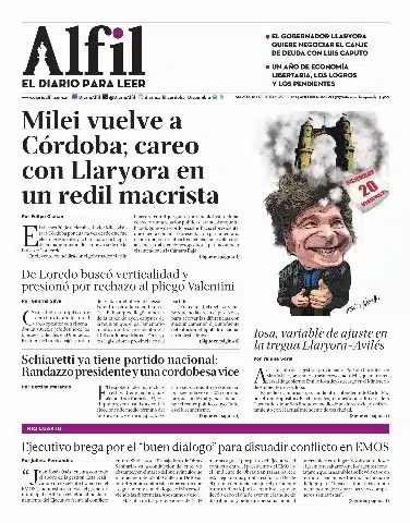 Portada del diario Alfil que refleja el clima político argentino, con mención al presidente Javier Milei