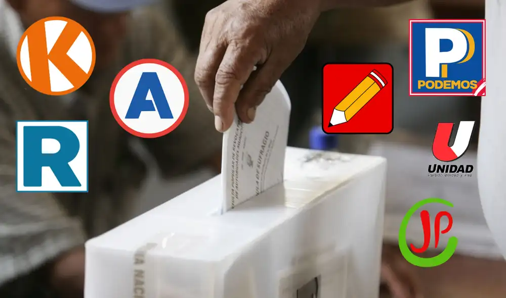 Mano depositando un voto en una urna electoral con logotipos de partidos políticos, ilustrando el contexto de las Elecciones Generales 2026