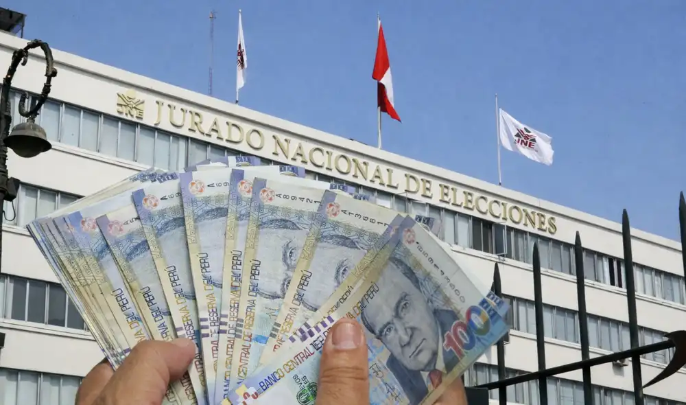 Exterior del JNE con billetes, simbolizando la necesidad de financiamiento electoral