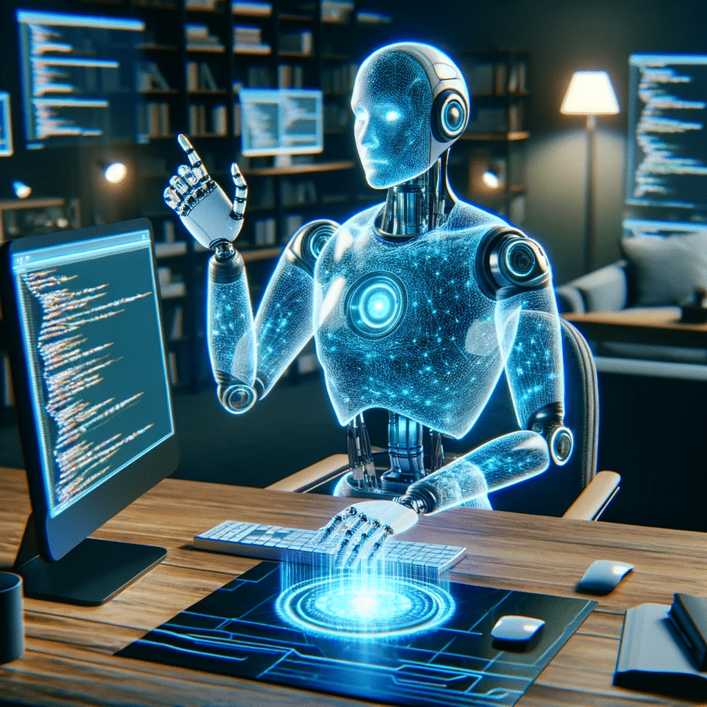Robot interactuando con una computadora que muestra l&iacute;neas de c&oacute;digo, en un entorno futurista