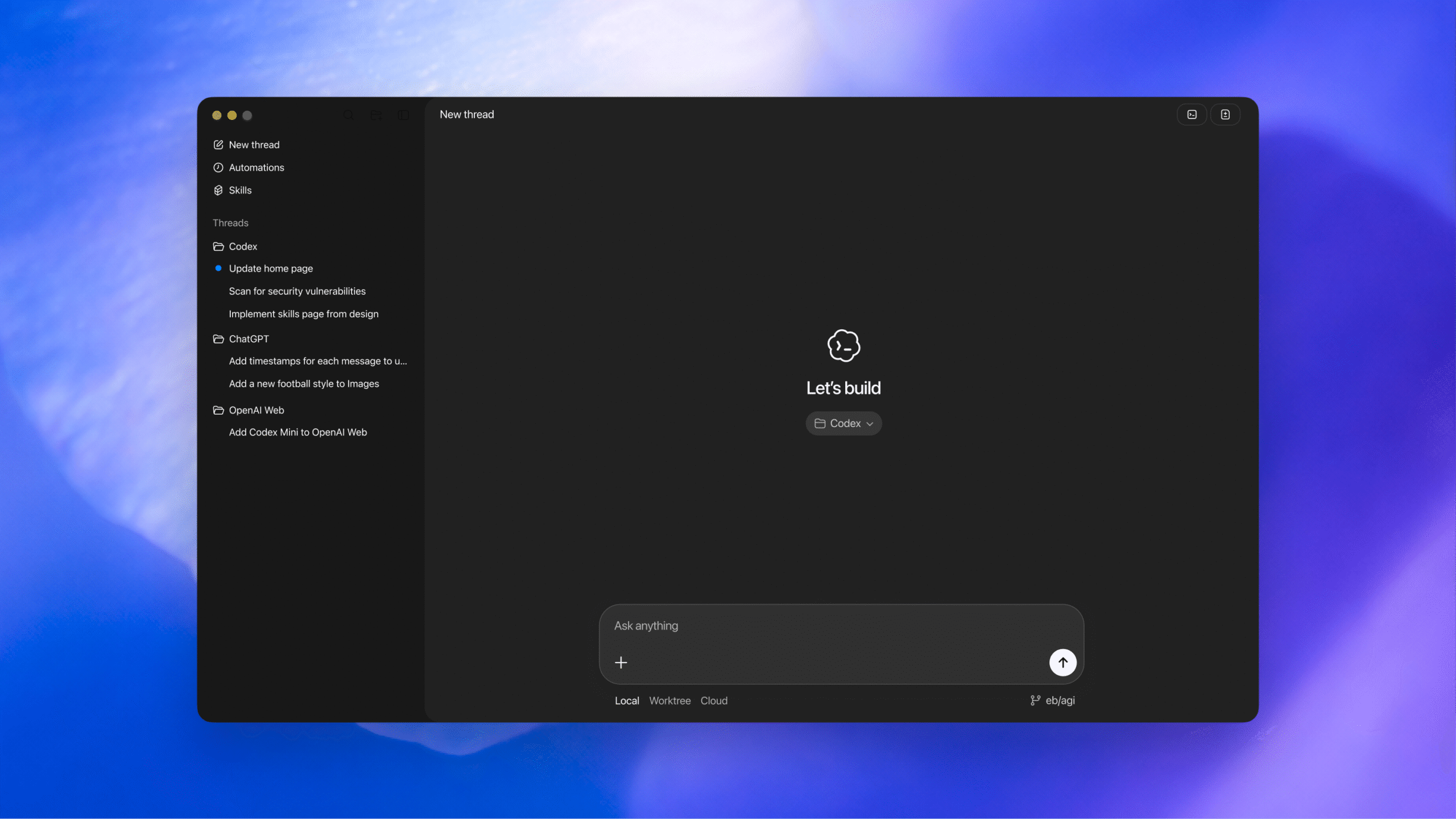 Interfaz de la aplicación Codex para macOS en modo oscuro