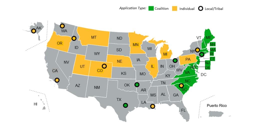 Mapa de EE.UU. mostrando aplicaciones para subvenciones de la EPA
