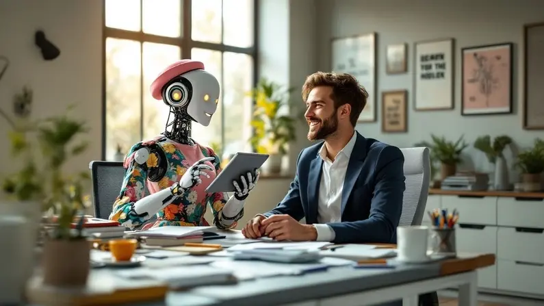 Agente de IA humanoide colaborando con un profesional en una oficina