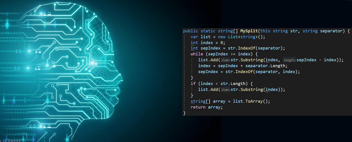 Rostro humano compuesto por circuitos y c&oacute;digo binario, representando la IA en la programaci&oacute;n