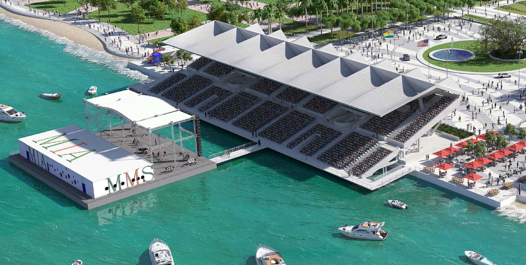 Propuesta arquitect&oacute;nica del Miami Marine Stadium restaurado, con vista a&eacute;rea mostrando el escenario, gradas y &aacute;reas de esparcimiento junto al agua.