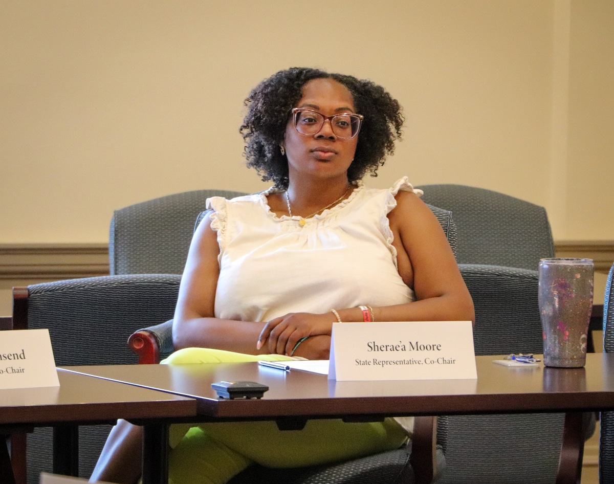 Mujer en reuni&oacute;n pol&iacute;tica, identificada como Co-Presidenta y Representante Estatal, en un ambiente de discusi&oacute;n