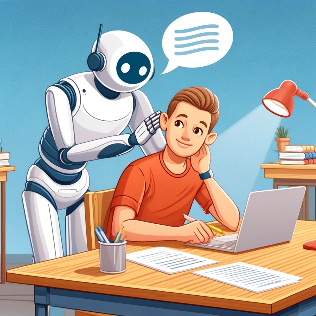 Robot de IA interactuando con un estudiante en un entorno educativo