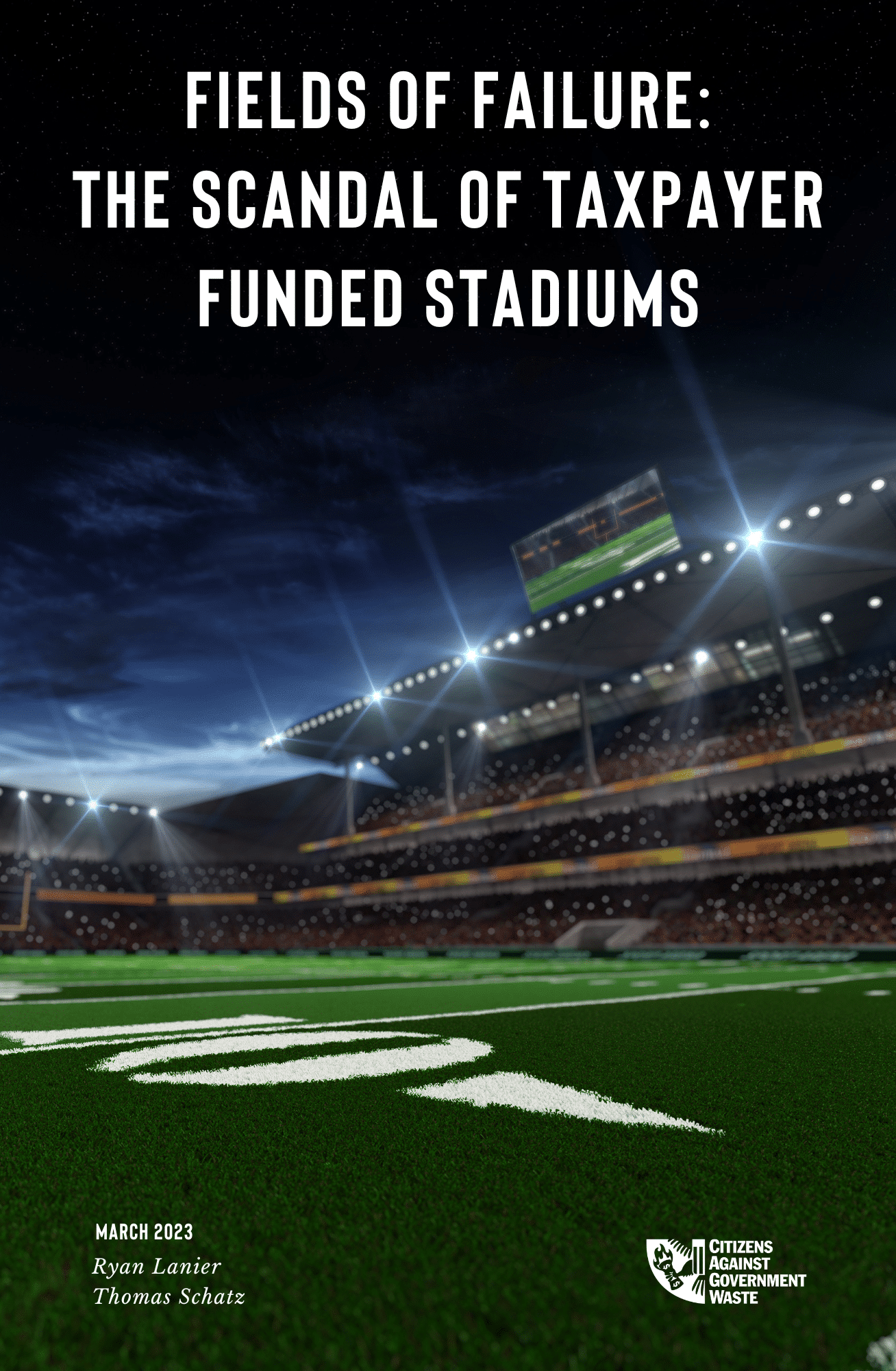 Estadio iluminado con letrero que critica el financiamiento de estadios con dinero público, analogía al debate sobre uso de fondos de contribuyentes