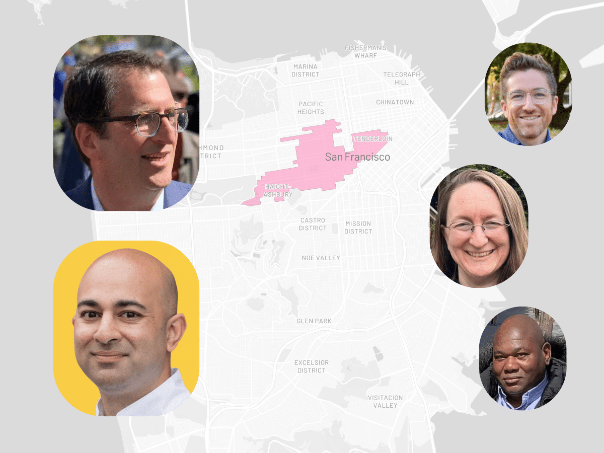 Mapa de San Francisco con &aacute;rea en rosa y cuatro retratos de candidatos a supervisor