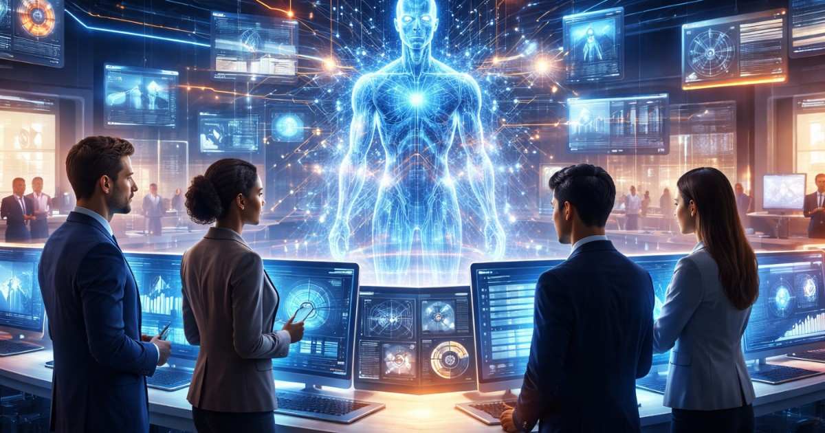 Equipo de trabajo colaborando en un entorno tecnológico avanzado con visualizaciones de datos