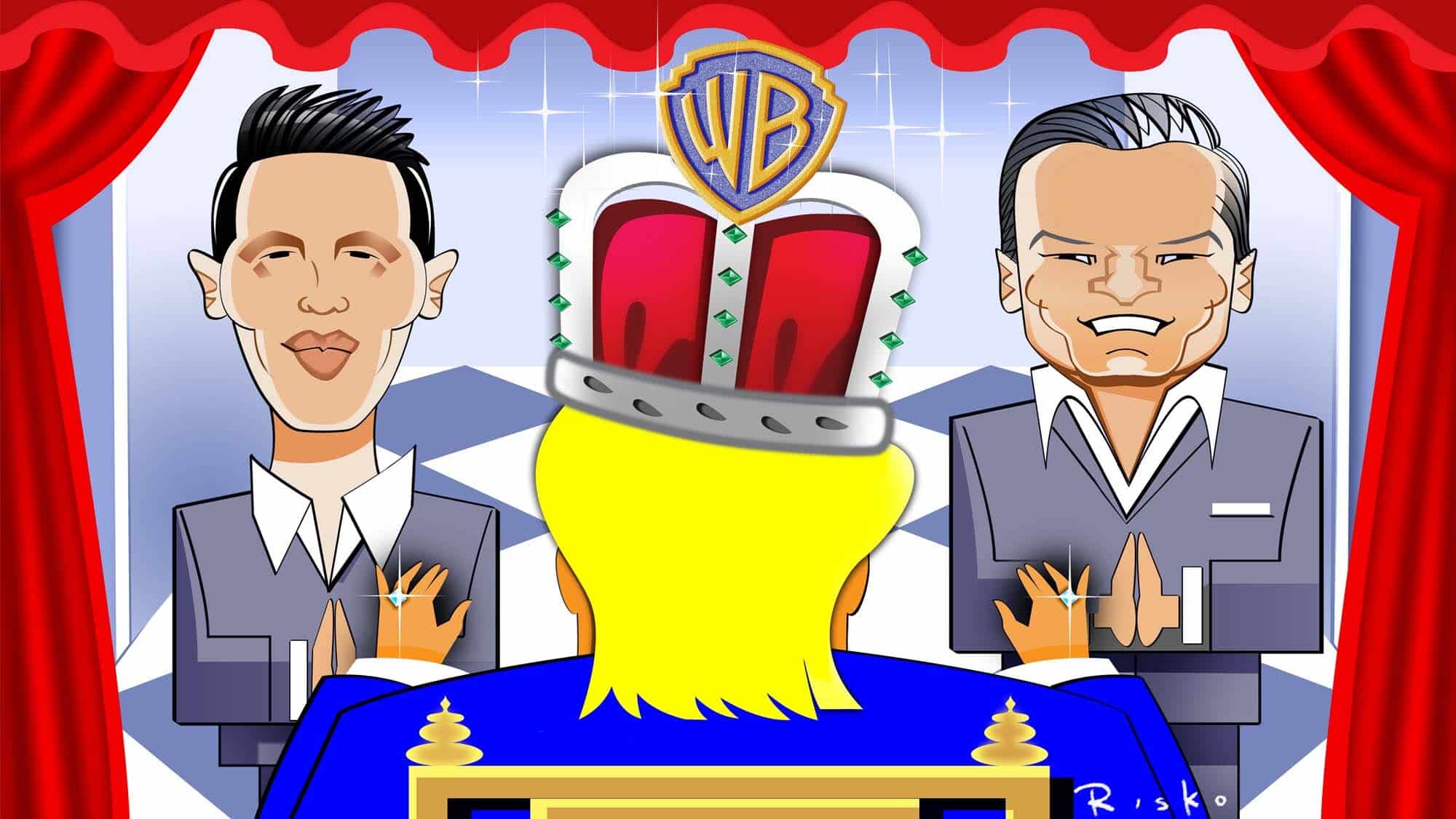 Ilustración satírica de la guerra por Warner Bros con Ted Sarandos y David Ellison