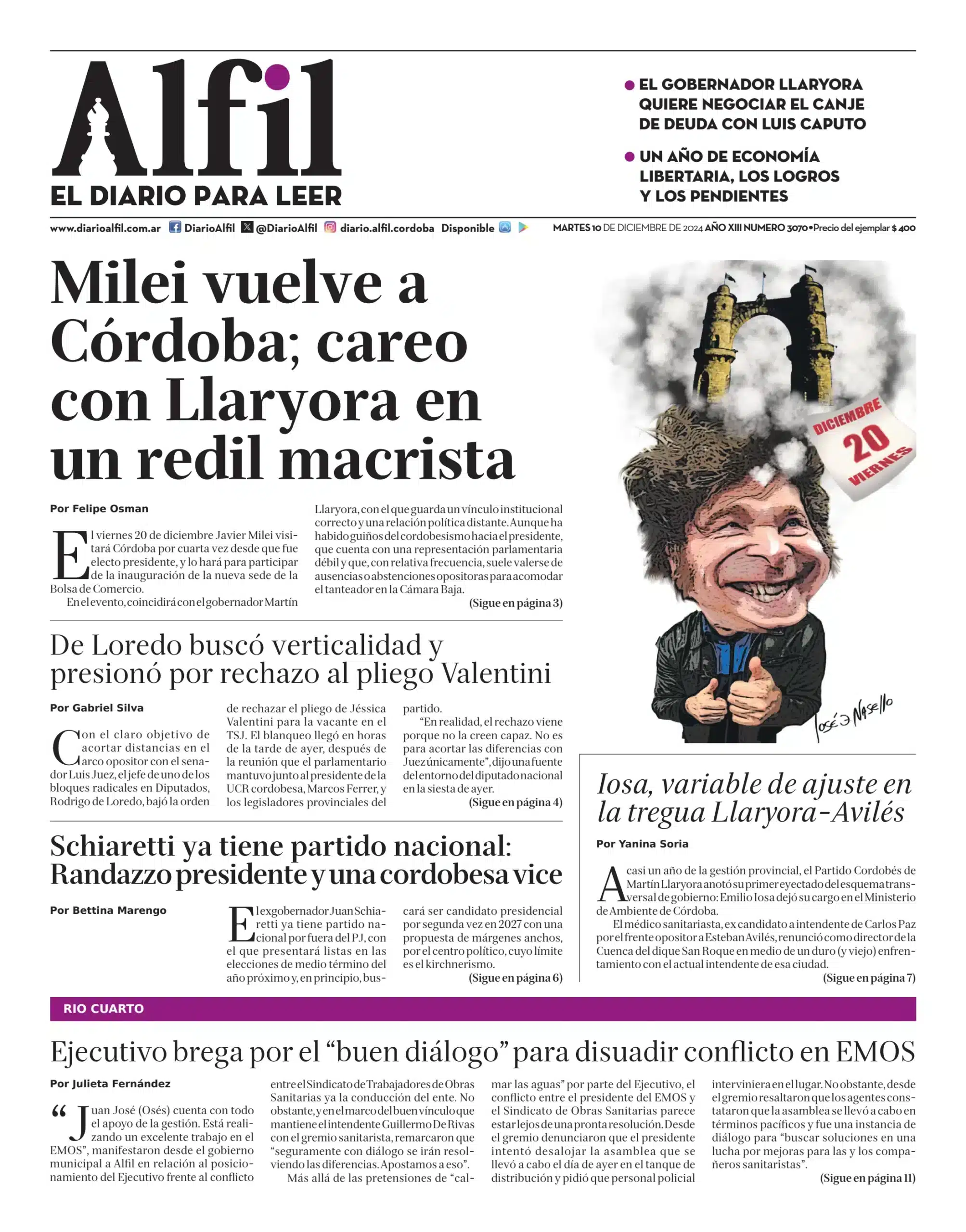 Portada del diario Alfil con titulares sobre la actividad pol&iacute;tica en Argentina, incluyendo a Javier Milei
