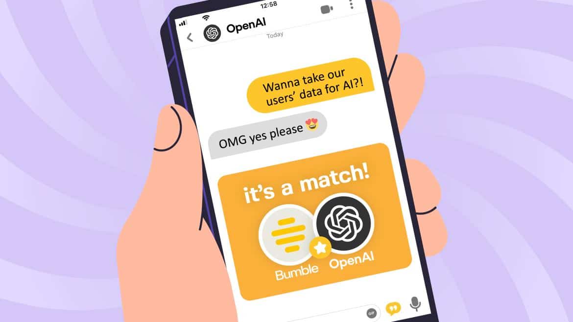 Chat en Bumble discutiendo el uso de datos de usuarios para IA, con logotipos de Bumble y OpenAI