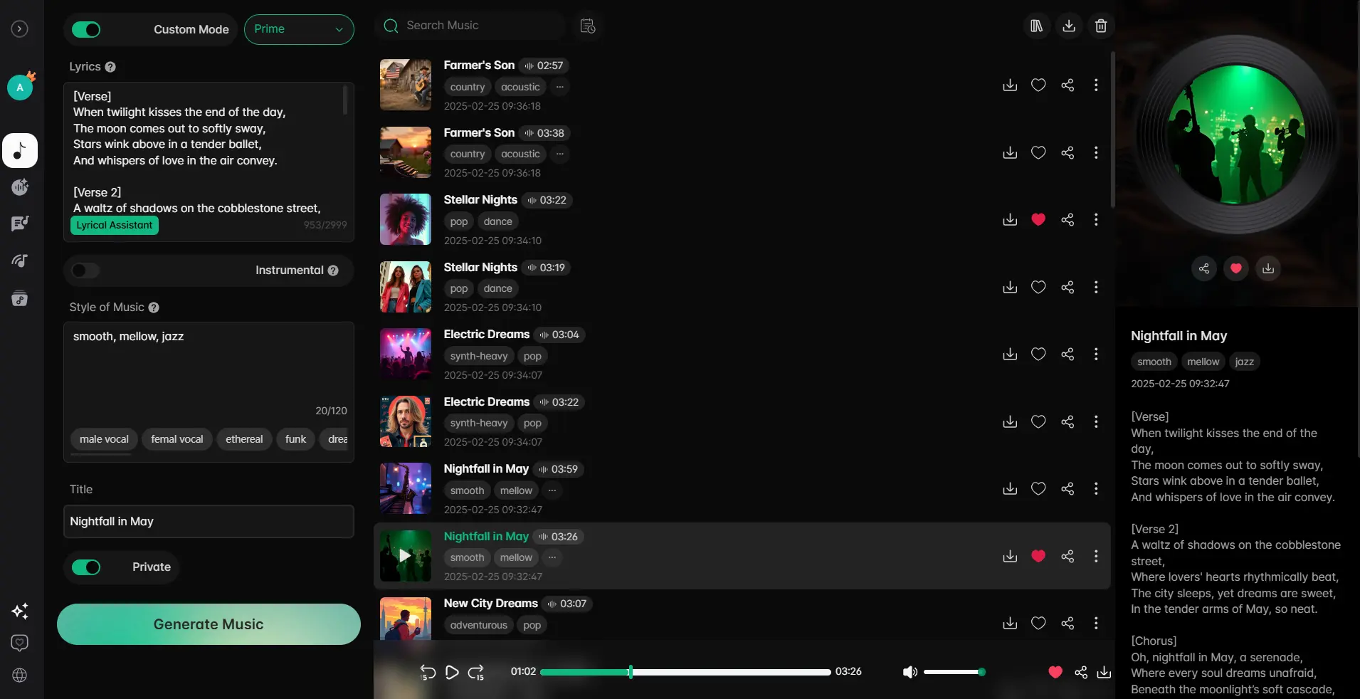 Interfaz de un generador de m&uacute;sica IA donde se pueden escribir letras y seleccionar estilos