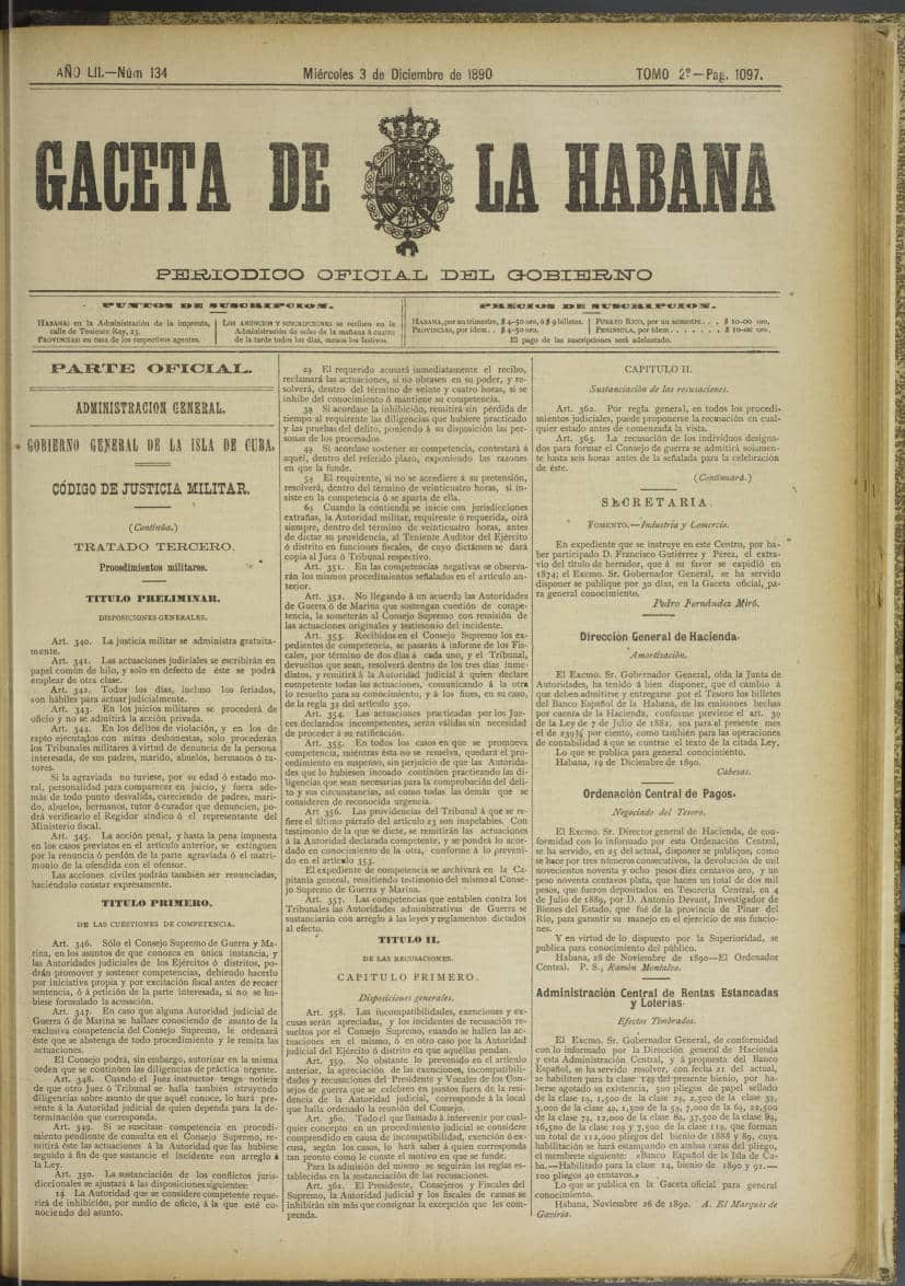 Página histórica de la Gaceta de La Habana de 1890