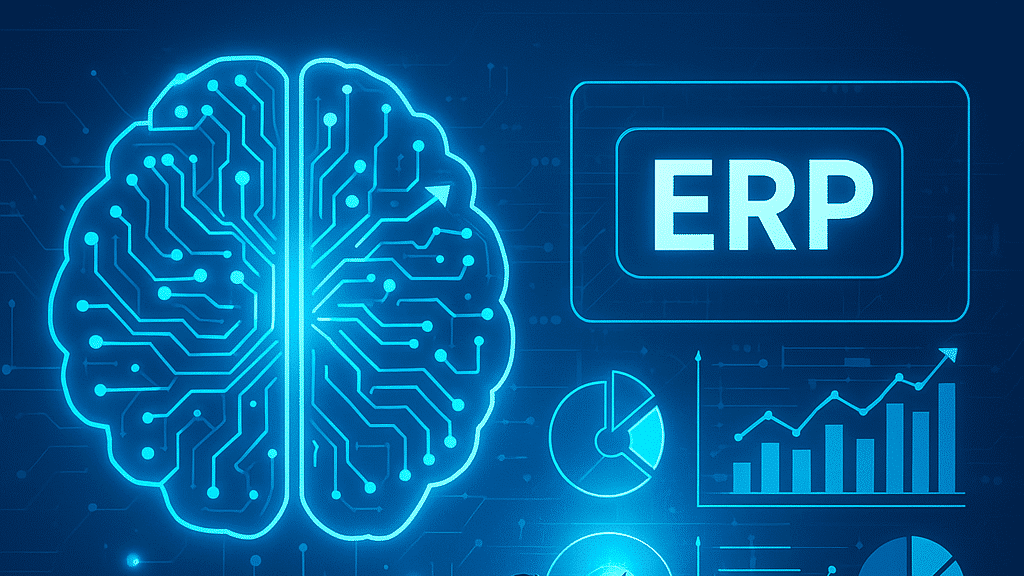 Representaci&oacute;n de un cerebro con circuitos electr&oacute;nicos y el t&eacute;rmino ERP, simbolizando la fusi&oacute;n de IA y gesti&oacute;n empresarial