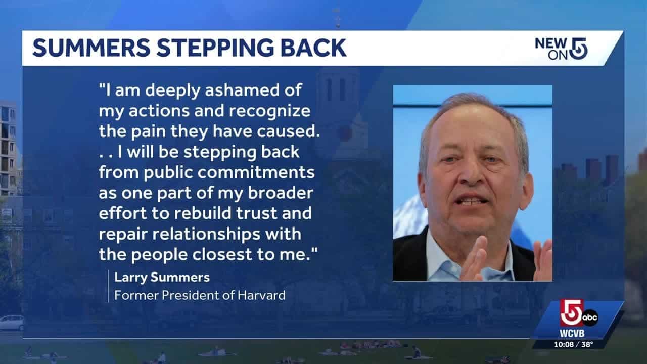 Diseño gráfico con un retrato de Larry Summers y la cita 'SUMMERS STEPPING BACK'