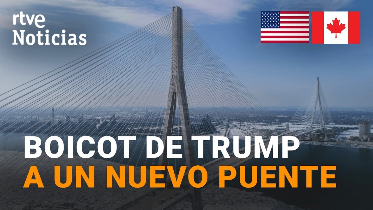Puente moderno y elevado con banderas de Estados Unidos y Canadá, relacionado con el boicot de Trump