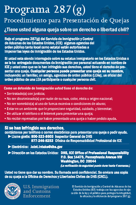 Documento informativo del programa 287(g) de ICE sobre derechos civiles y presentación de quejas