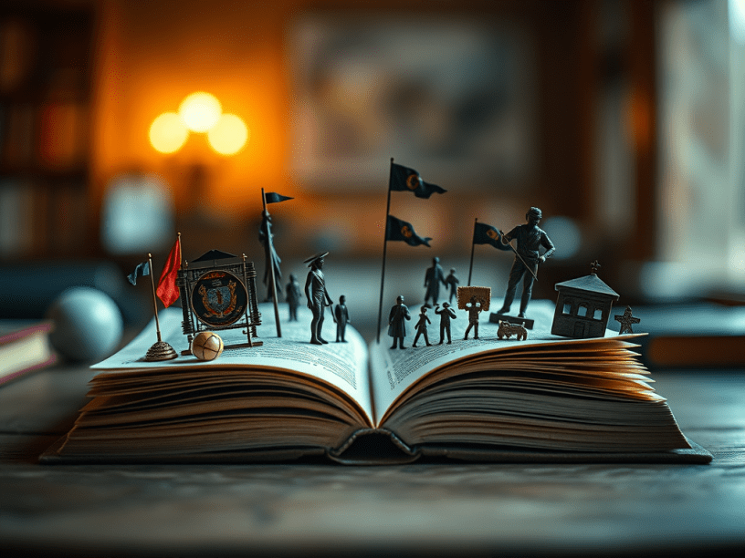 Libro abierto con figuras en miniatura representando narrativa e informaci&oacute;n