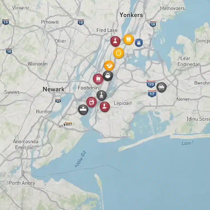 Mapa de Newark, Yonkers y &aacute;reas circundantes con &iacute;conos de ubicaciones
