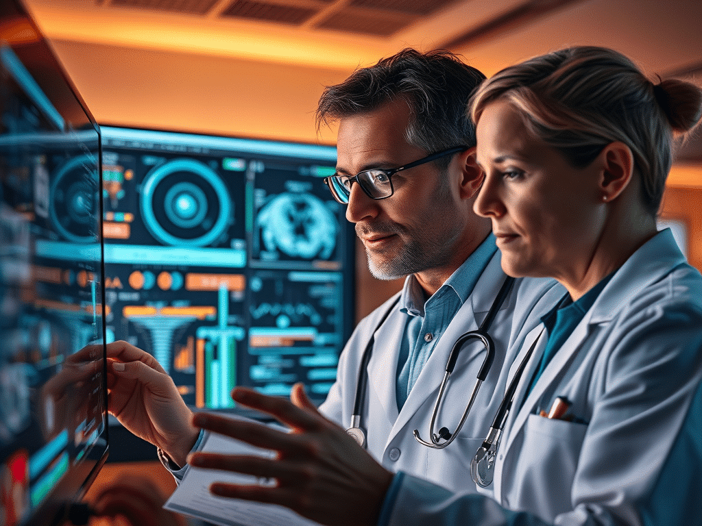 Dos profesionales de la salud analizando datos en una pantalla tecnológica, ilustrando el uso de IA en el ámbito médico