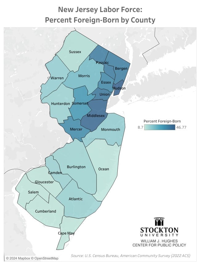 Mapa del porcentaje de fuerza laboral extranjera en Nueva Jersey por condado