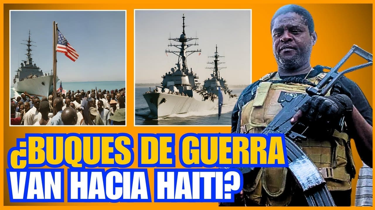 Buque de guerra de Estados Unidos frente a la costa de Hait&iacute;, con multitud observando y presencia de un hombre armado