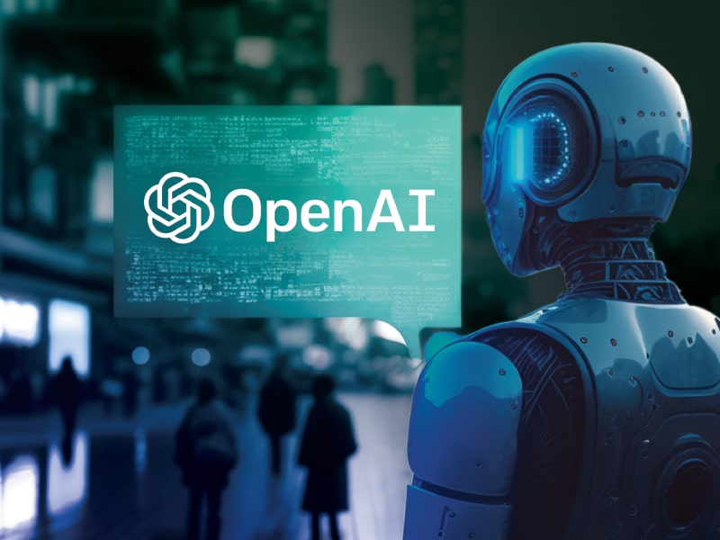 Representaci&oacute;n futurista de OpenAI con un robot y c&oacute;digos de datos, simbolizando la innovaci&oacute;n en IA