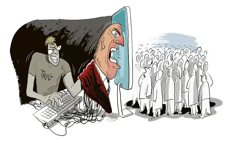 Caricatura que ilustra la manipulación de narrativas y la influencia en la opinión pública