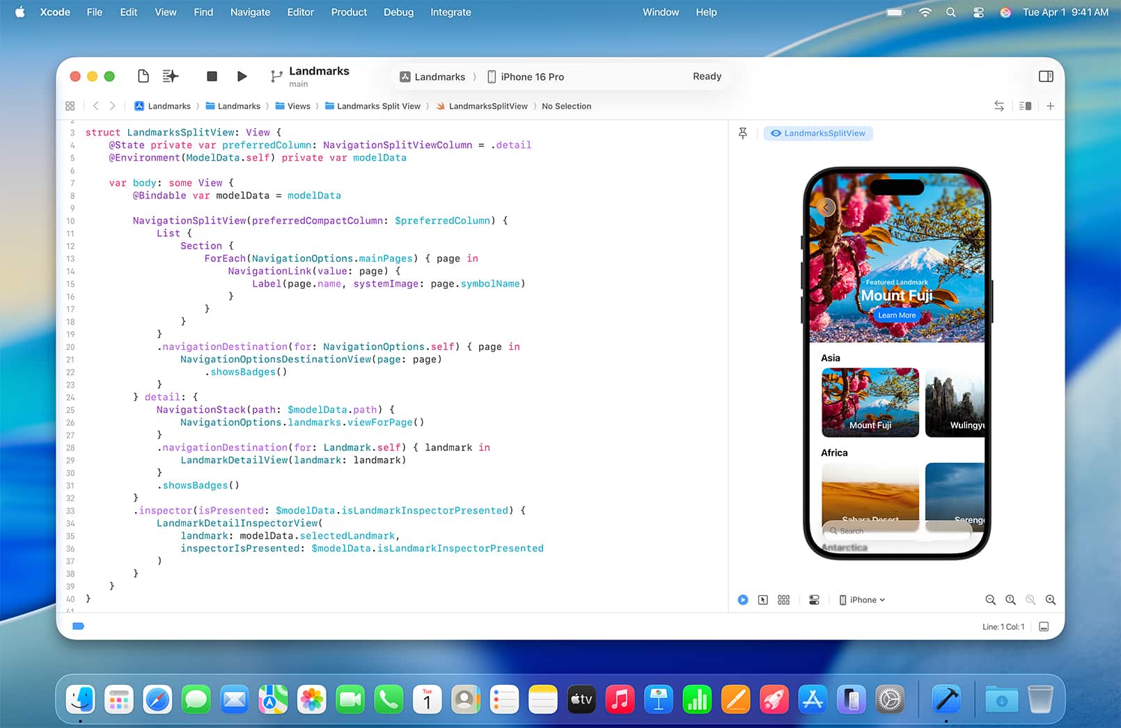 Ventana de Xcode con código Swift y vista previa de una app para iPhone