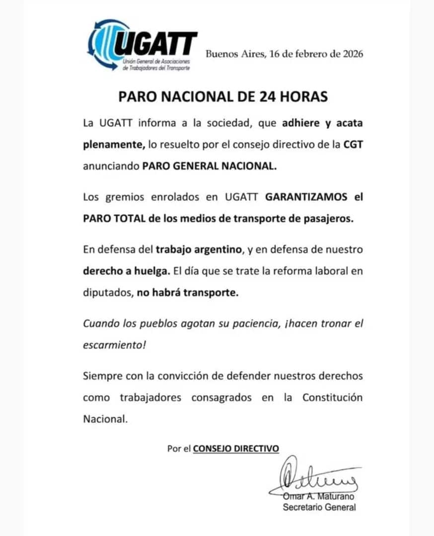 Comunicado sindical anunciando paro nacional contra la reforma laboral