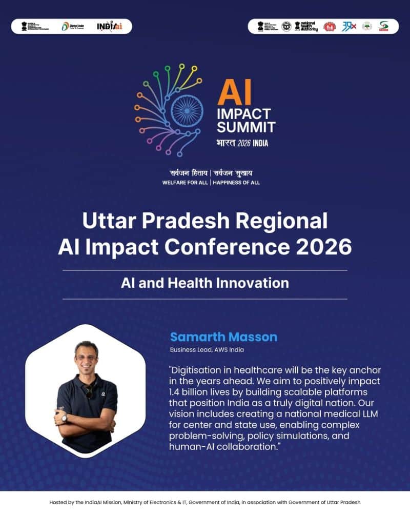 Diseño promocional del AI Impact Summit en India, enfocado en IA y salud con Samarth Masson de AWS India