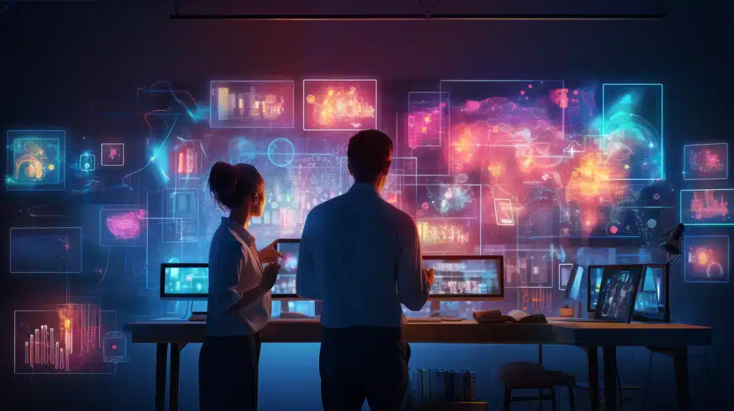 Pantallas y gr&aacute;ficos digitales mostrando an&aacute;lisis de datos en un entorno de trabajo tecnol&oacute;gico