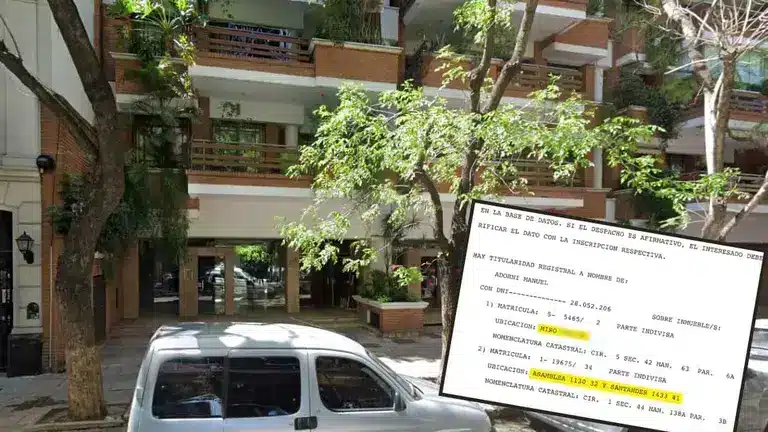 Edificio en Caballito donde Adorni compró un departamento, con documento de propiedad superpuesto