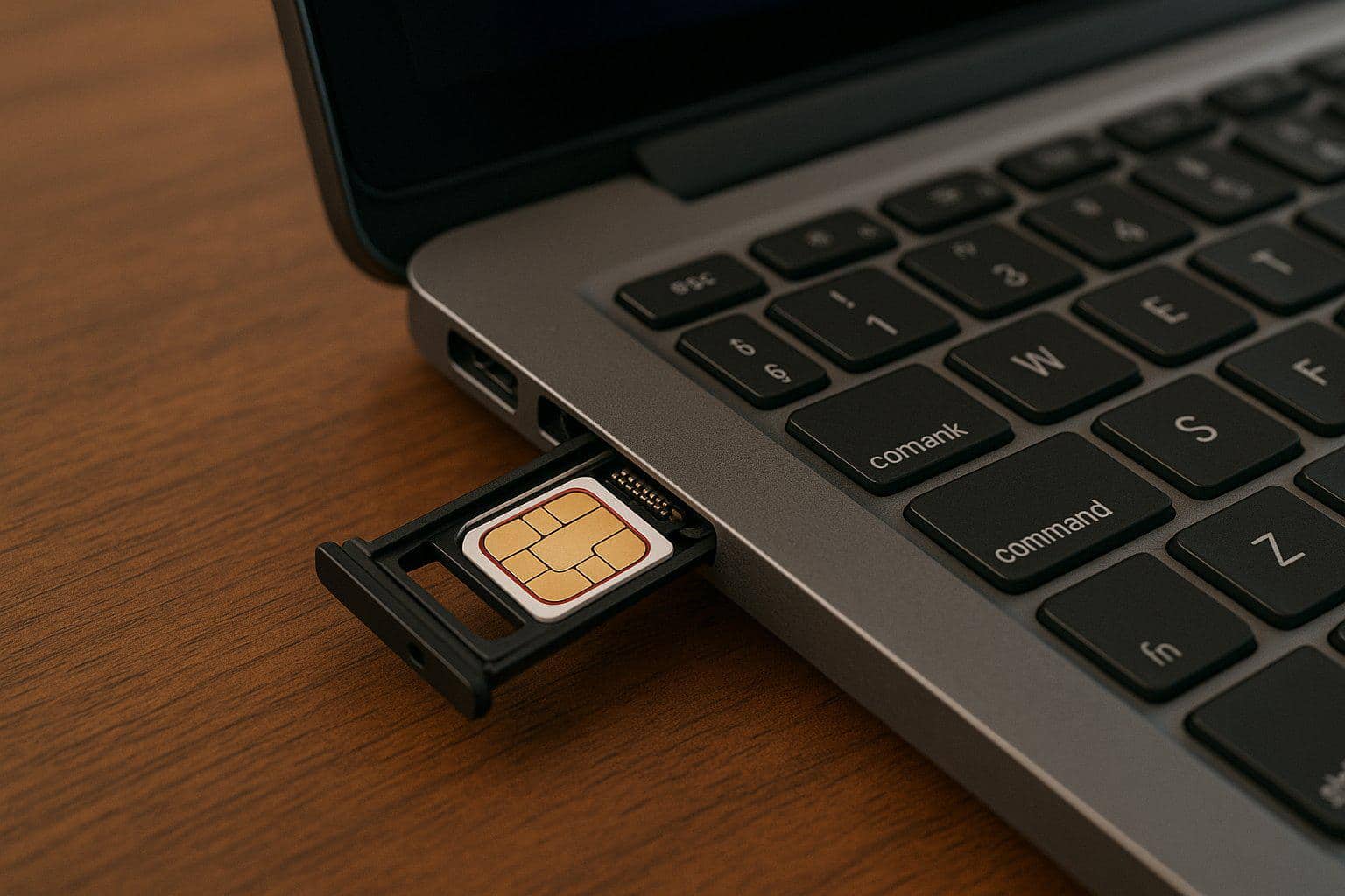 Laptop con tarjeta SIM, representando el almacenamiento de datos