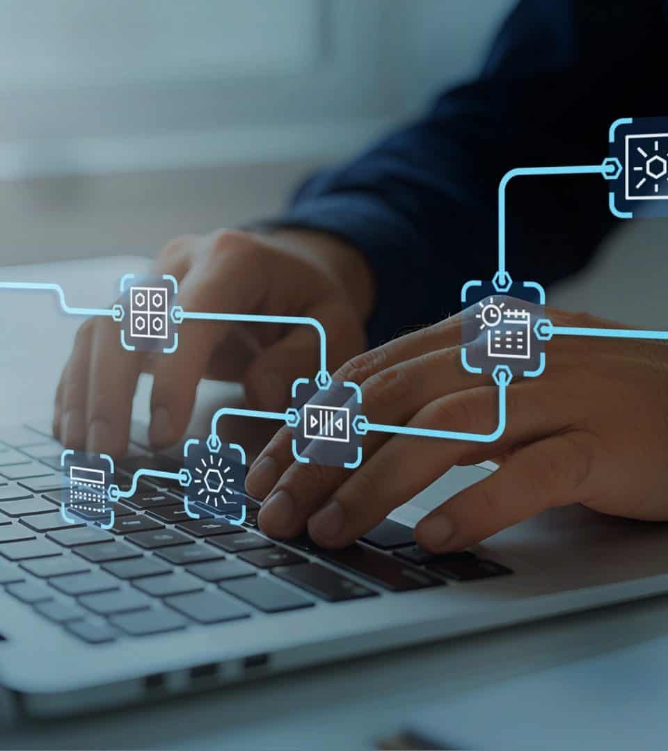 Manos escribiendo en un teclado con iconos de automatización e IA flotando, representando la productividad aumentada